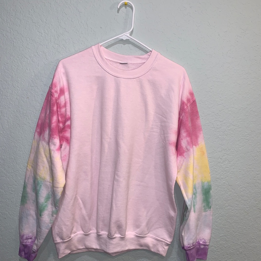 CUSTOM crew neck with rainbow tie dyed sleeves!